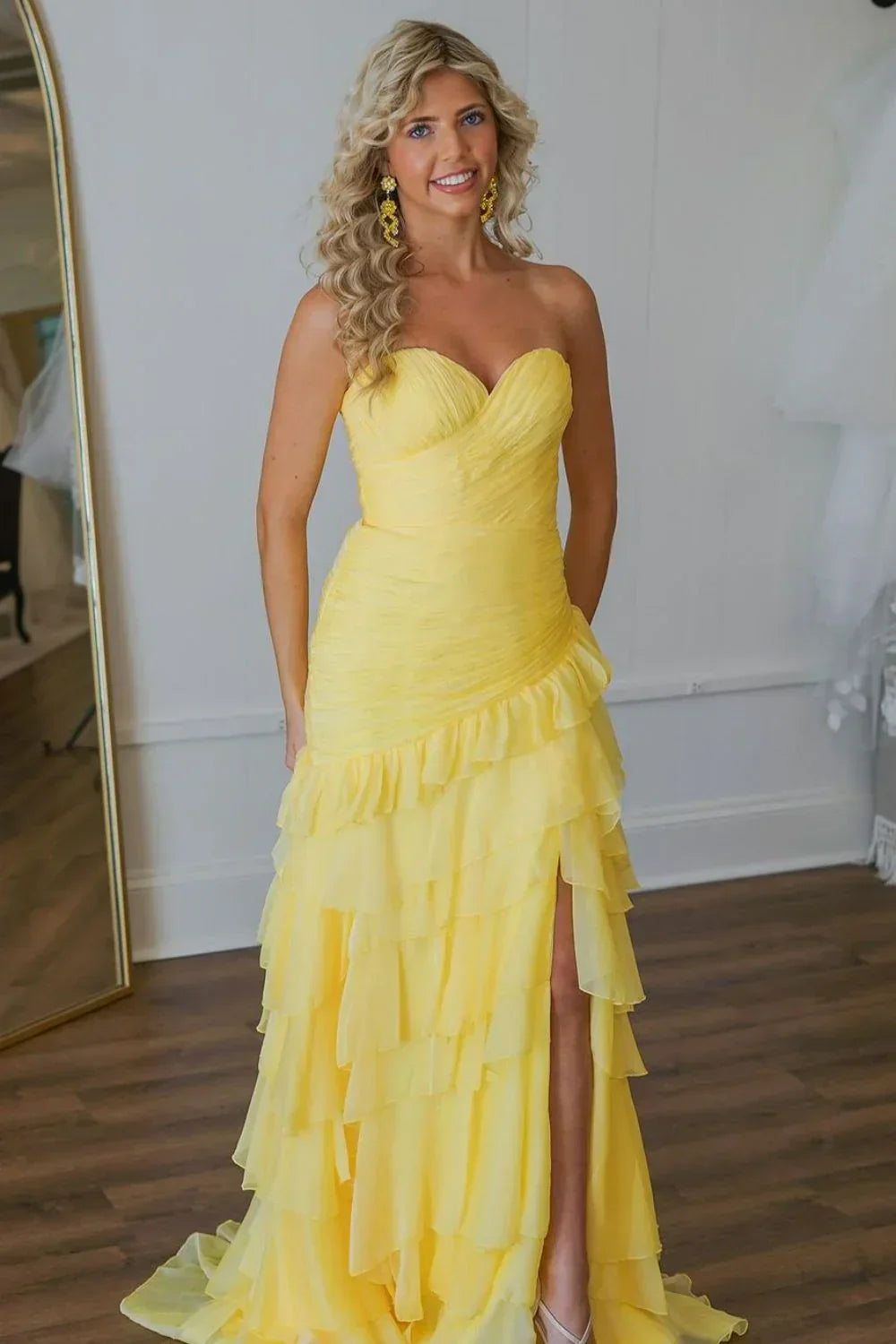Sweety Mermaid Sweetheart Yellow Long Tulle Prom Dress with Ruffles