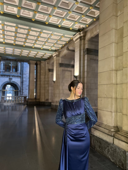 Navy Bateau Neck Long Sleeves Beaded Ruched Evening Formal Dress