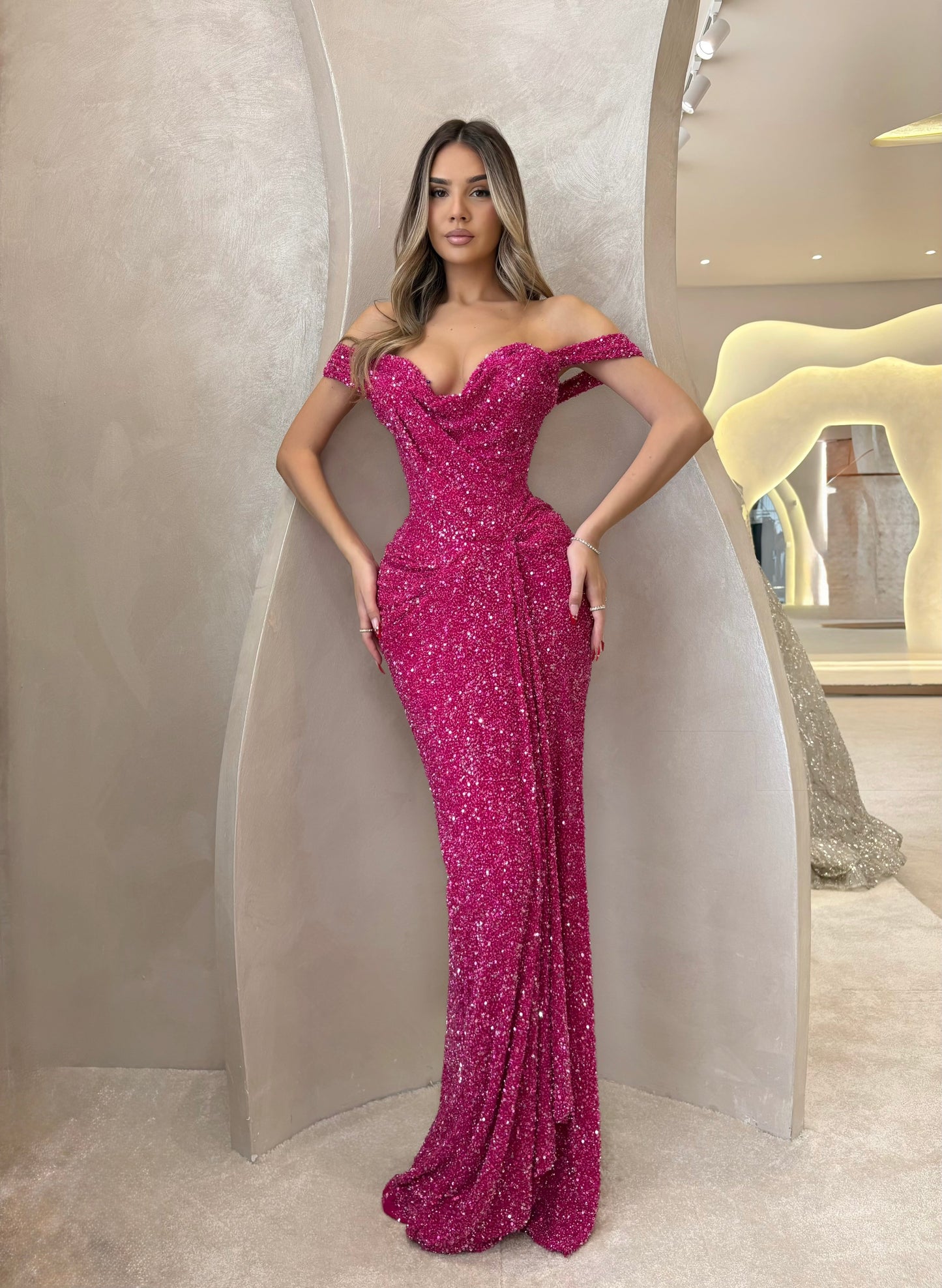 Fuchsia Off Shoulder Ruchd Floor Length Prom Dress