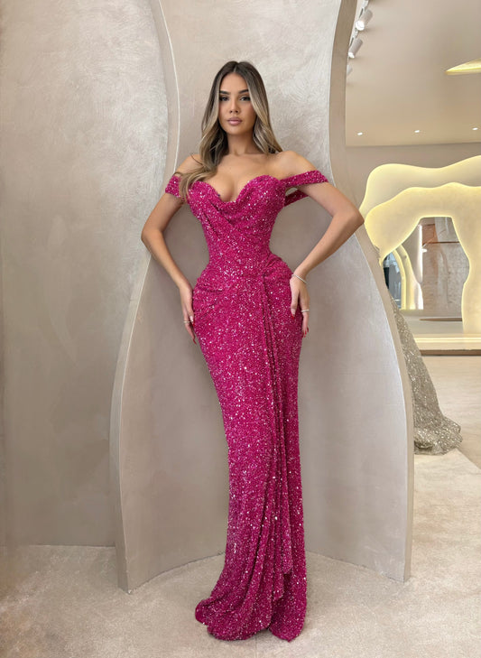 Fuchsia Off Shoulder Ruchd Floor Length Prom Dress
