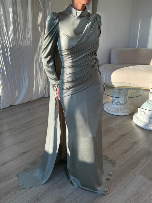 Agave Green Sheath High Neck Ruched Long Sleeves Evening Dress with Shawl