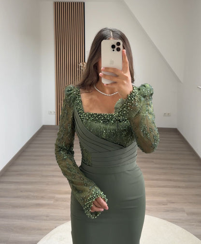 A Line V-Neck Long Holiday Evening Dress with Sleeves