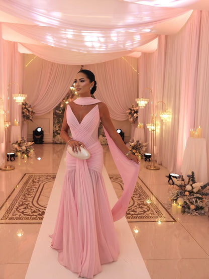 Blushing Pink Draped Sleeveless Evening Gown