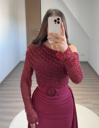 Mermaid Lace Long Sleeves Beaded Side Split Long Evening Formal Prom Dress