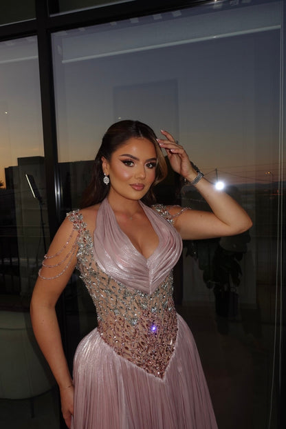 Blushing Pink Halter A-Line Embellished Flowing Dress