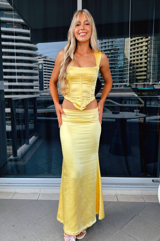 Two-piece Yellow Satin Corset Mermaid Dress
