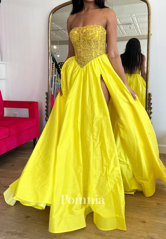 Daffodil A-Line Strapless Sleeveless Slit Prom Dress