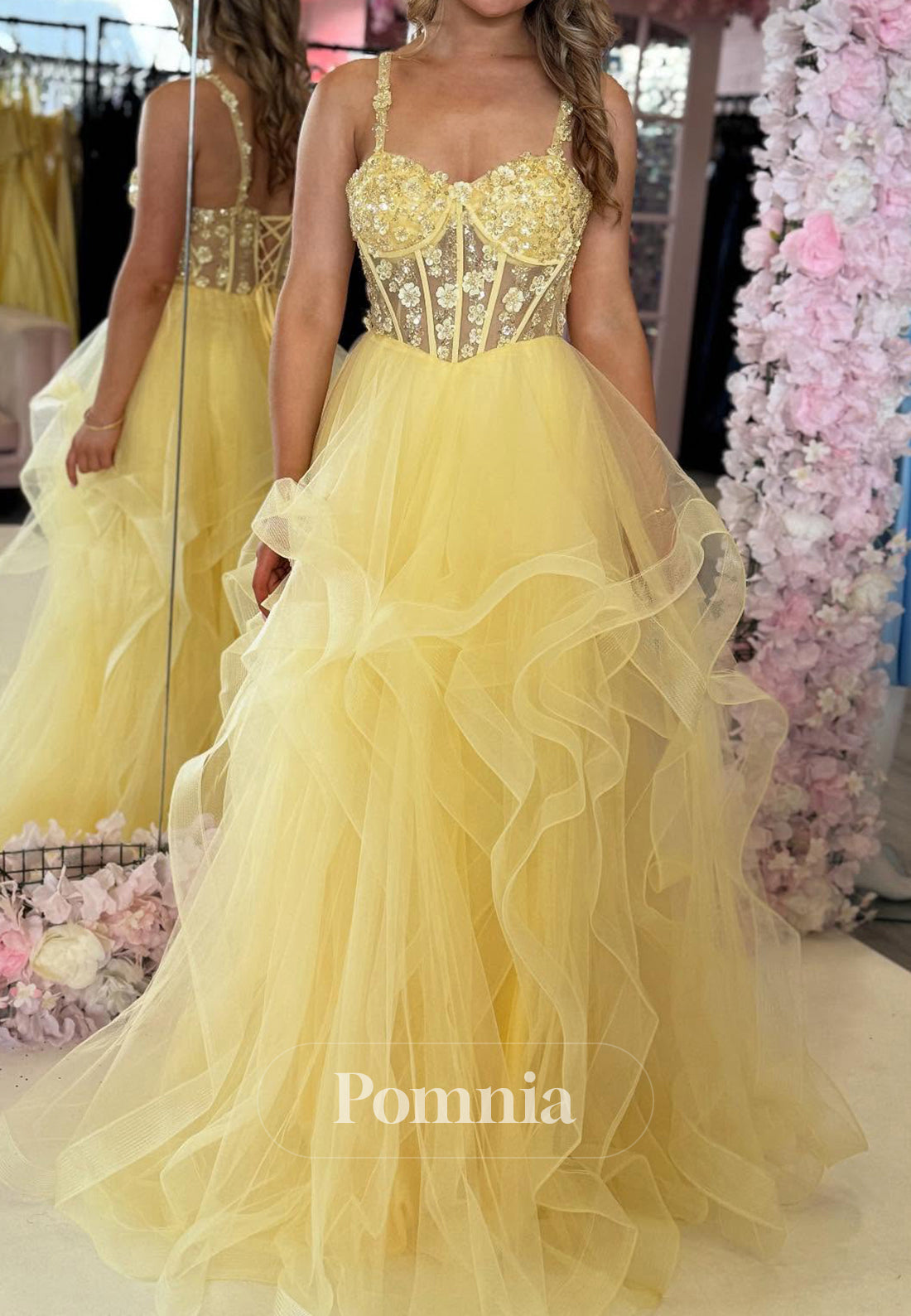 Daffodil A=Line Spaghetti Straps Sweetheart Corset Tulle Prom Dress