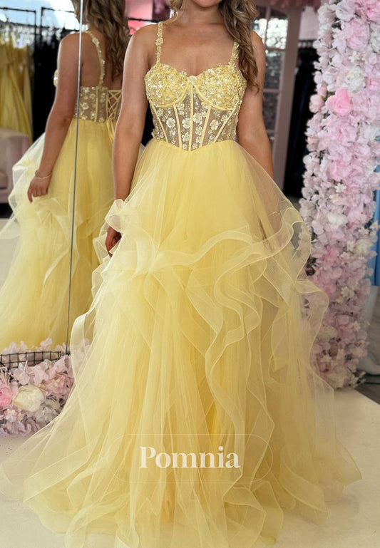 Daffodil A=Line Spaghetti Straps Sweetheart Corset Tulle Prom Dress