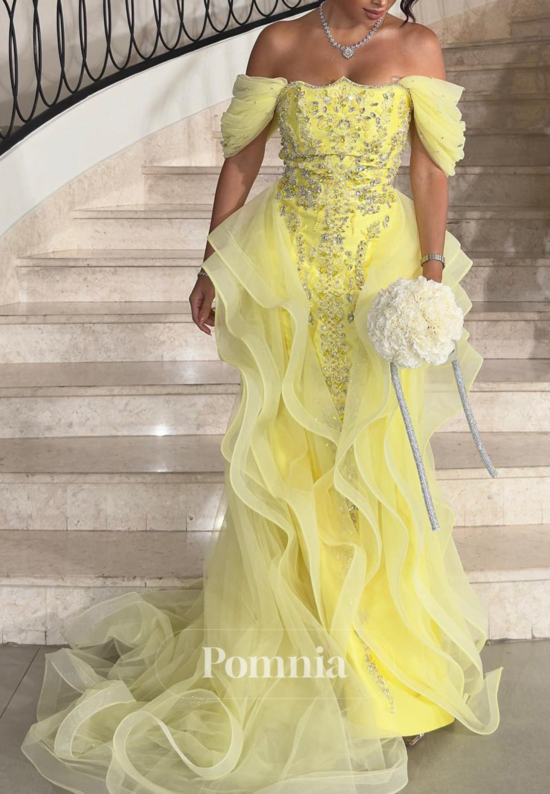 Daffodil Cap Sleeves Off-Shoulder Floral Appliques Prom Dress