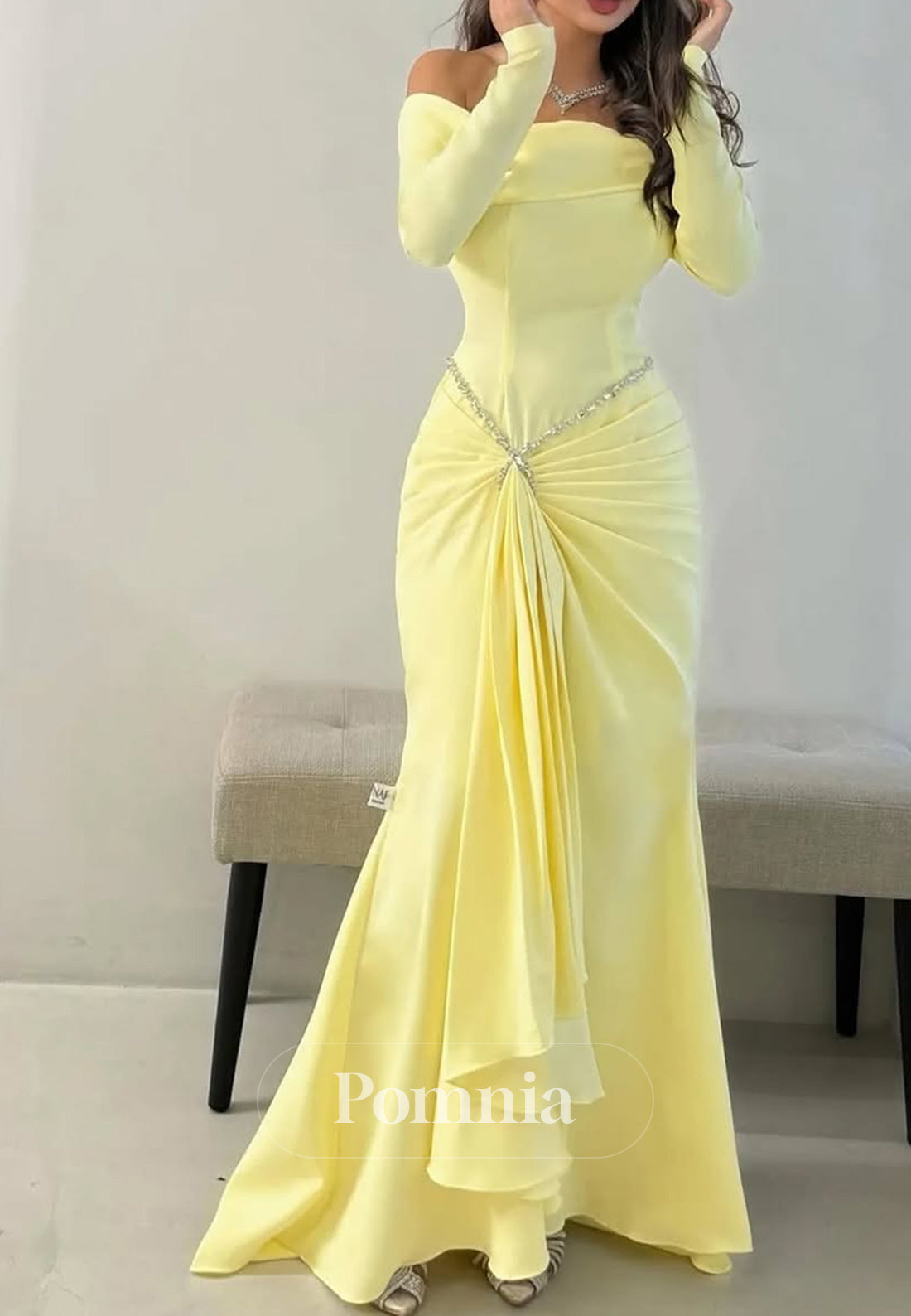 Daffodil Long Sleeves Off-Shoulder Ruched Evening Dress
