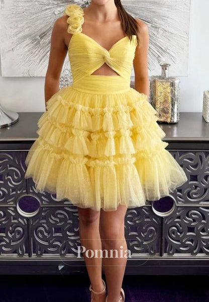 Daffodil One Shoulder Sleeveelss Ruffles Short Homecoming Dress