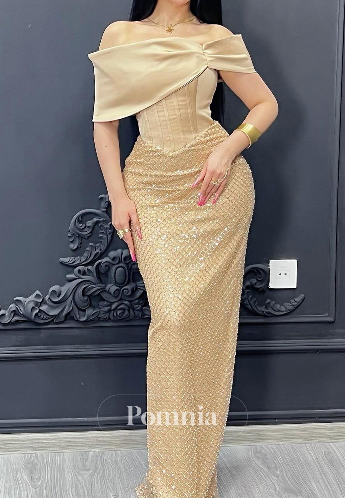 Daffodil Sheath Off-Shoulder Empire-Waist Evening Dress