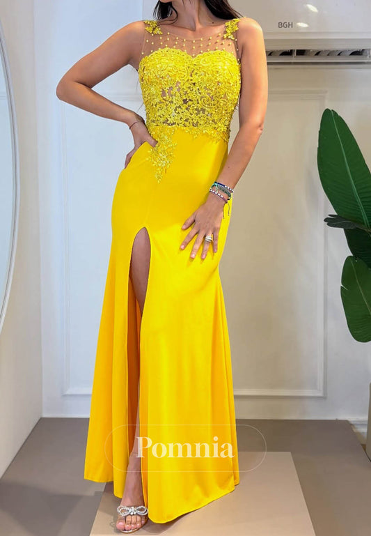 Daffodil Sleeveless Strapless Slit Sequins Prom Dress
