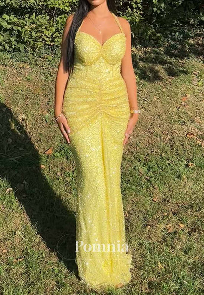 Daffodil Sleeveless Sweetheart Sequins Ruched Prom Dress