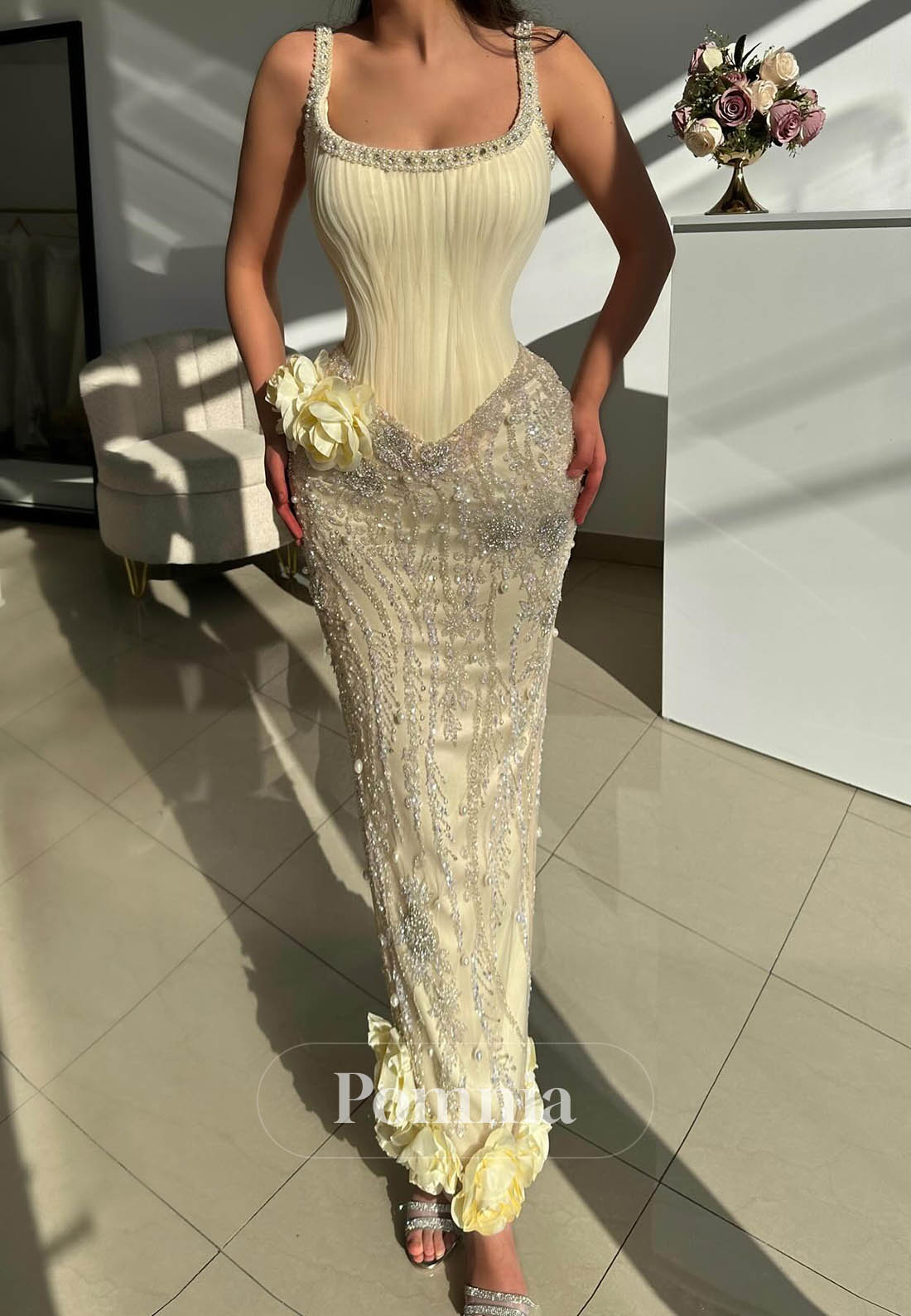 Daffodil Spaghetti Straps Scoop Sheath Sequins Prom Dress