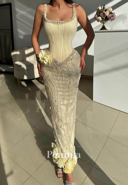 Daffodil Spaghetti Straps Scoop Sheath Sequins Prom Dress