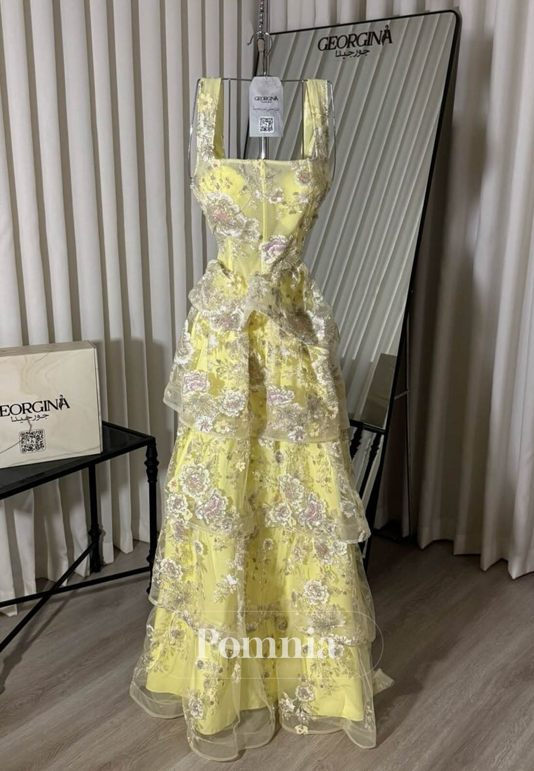 Daffodil Spaghetti Straps Square Ruffles Prom Dress