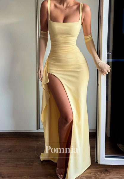 Daffodil Spaghetti Straps Square Slit Ruched Prom Dress