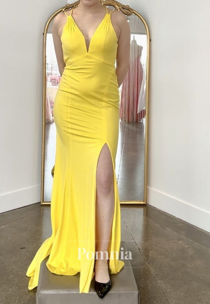 Daffodil Spaghetti Straps V-Neck Slit Backless Prom Dress