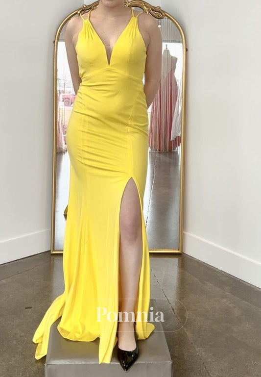 Daffodil Spaghetti Straps V-Neck Slit Backless Prom Dress