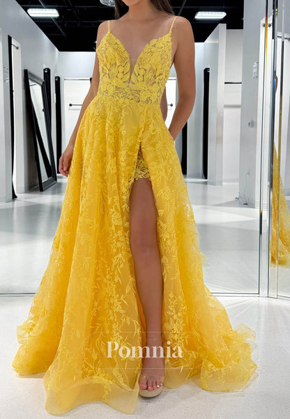 Daffodil Spaghetti Straps V-Neck Slit Prom Dress