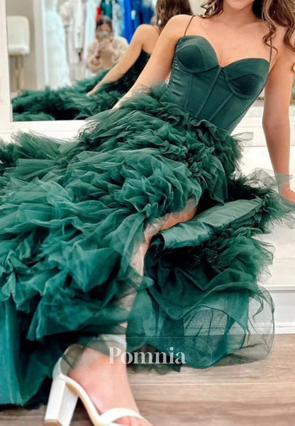 Dark Green A-Line Spaghetti Straps Long Tulle Prom Dress
