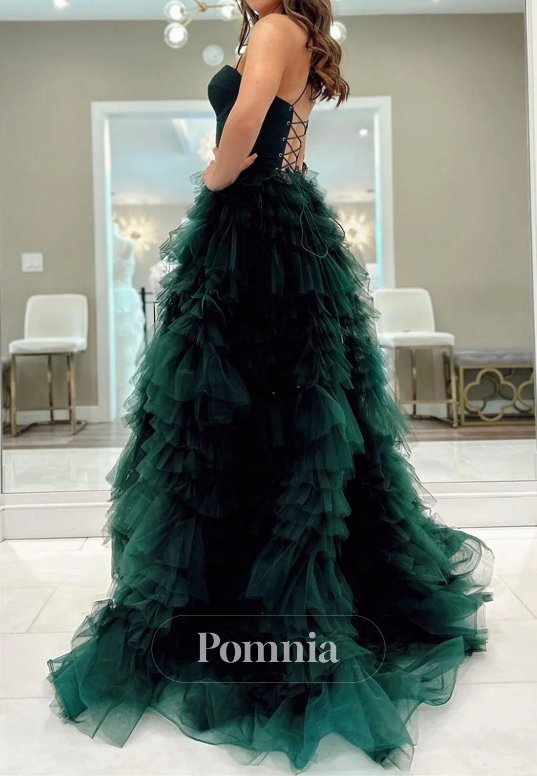 Dark Green A-Line Spaghetti Straps Long Tulle Prom Dress