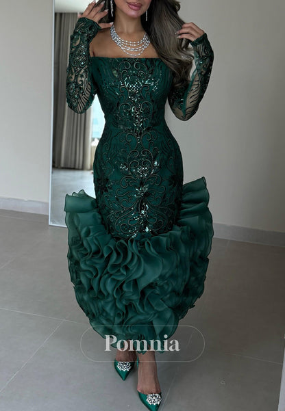 Dark Green Long Sleeves Square Appliques Mermaid  Prom Dress