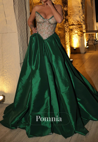 Dark Green Sleeveless Strapless Sequins A-Line Prom Dress
