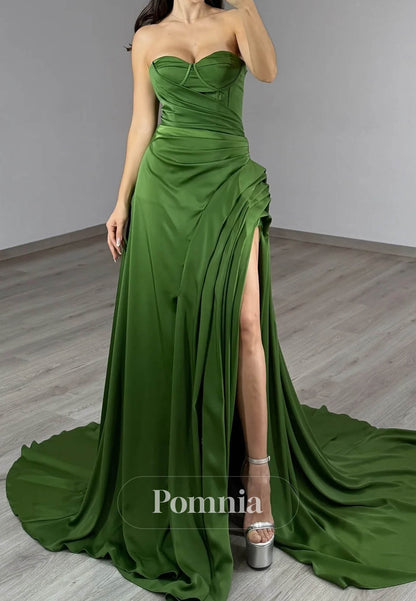 Dark Green Sleeveless Sweetheart Slit Ruched Prom Dress
