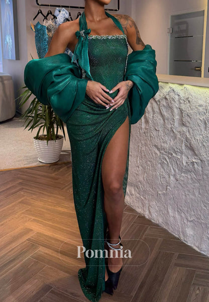 Dark Green Spaghetti Straps Slit Sequins Prom Dress