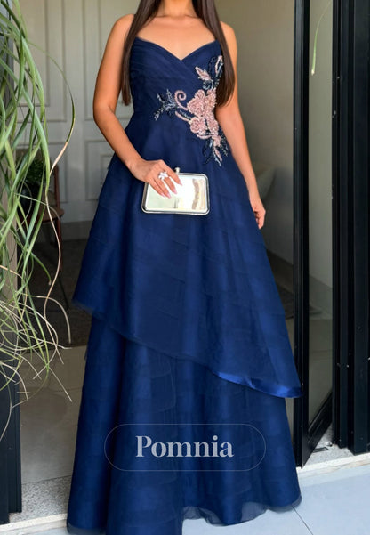 Dark Navy A-Line Spaghetti Straps V-Neck Floral Appliques Mother of the Bride Dress