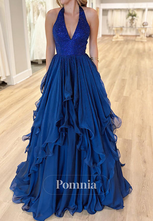 Dark Navy Halter Sleeveless Ruffles A-Line Prom Dress