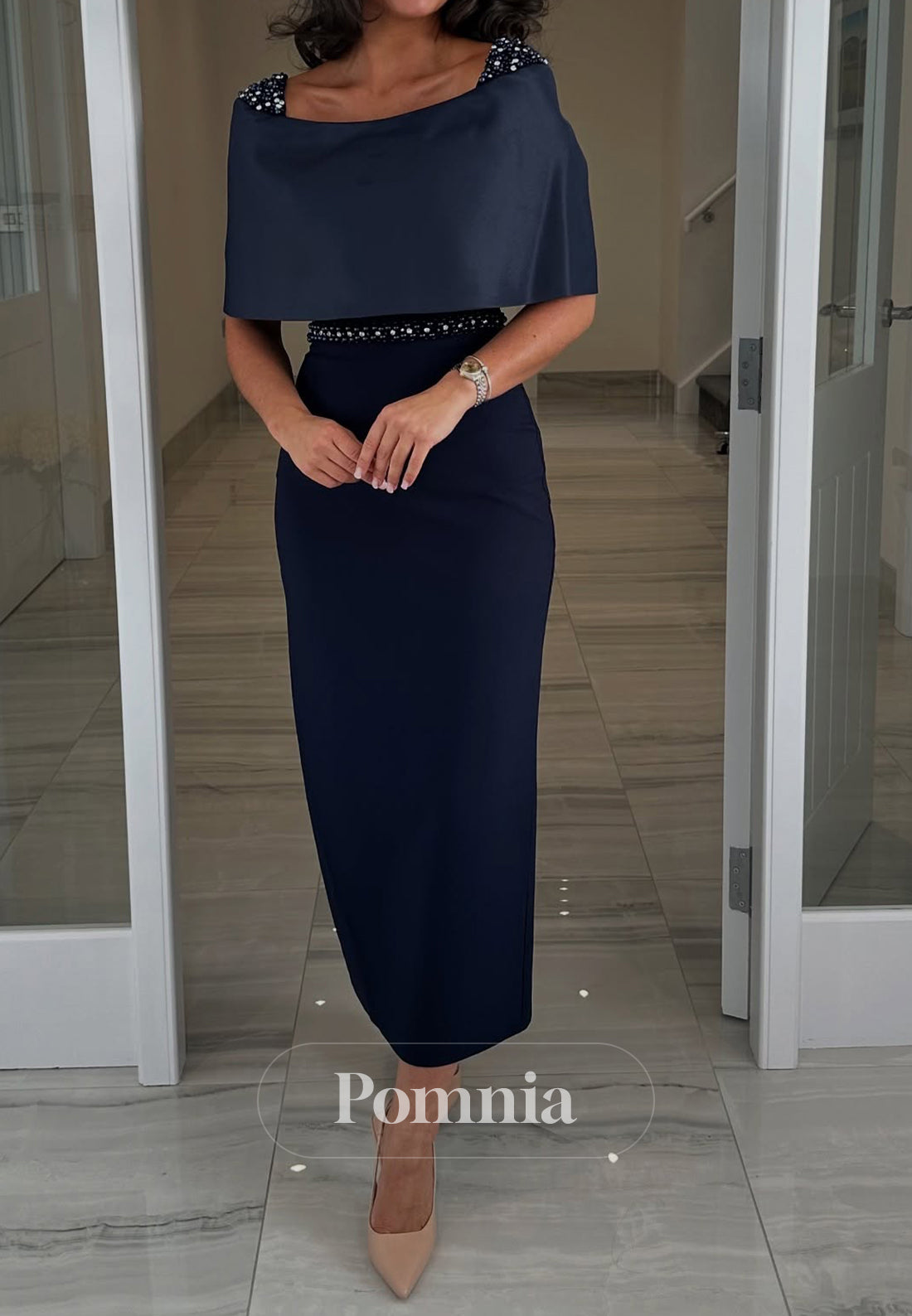 Dark Navy Short Sleeves Scoop Empire-Waist  Mother of the Bride Dress
