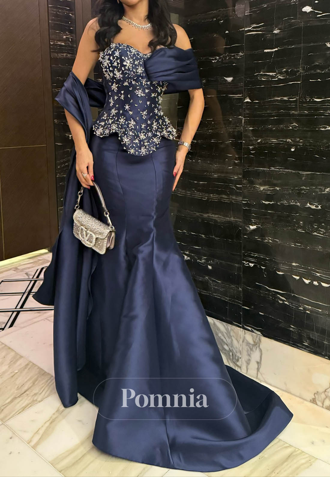 Dark Navy Sleeveless Strapless Beads Mermaid Evening Dress