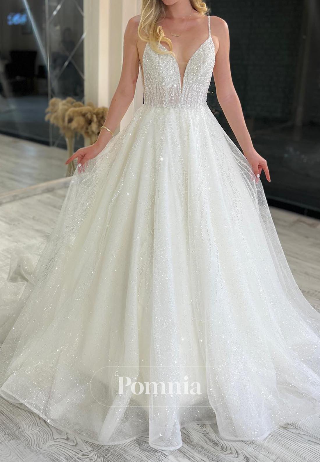 Deep V-Neck Spaghetti Straps Sequins Lace Wedding Dress