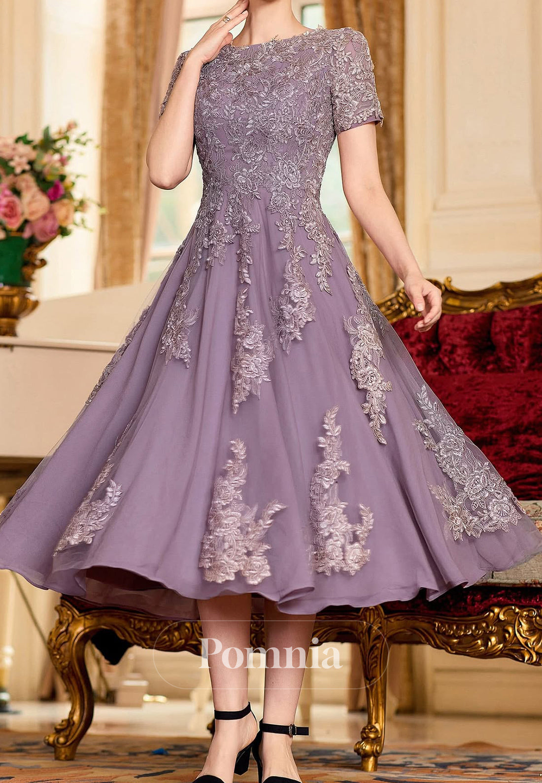 Dusk Short Sleeves Scoop Appliques A-Line Mother of the Bride Dress