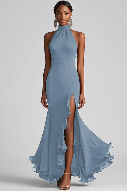 Halter Neck Black Ruffled Mermaid Long Formal Dress with Slit