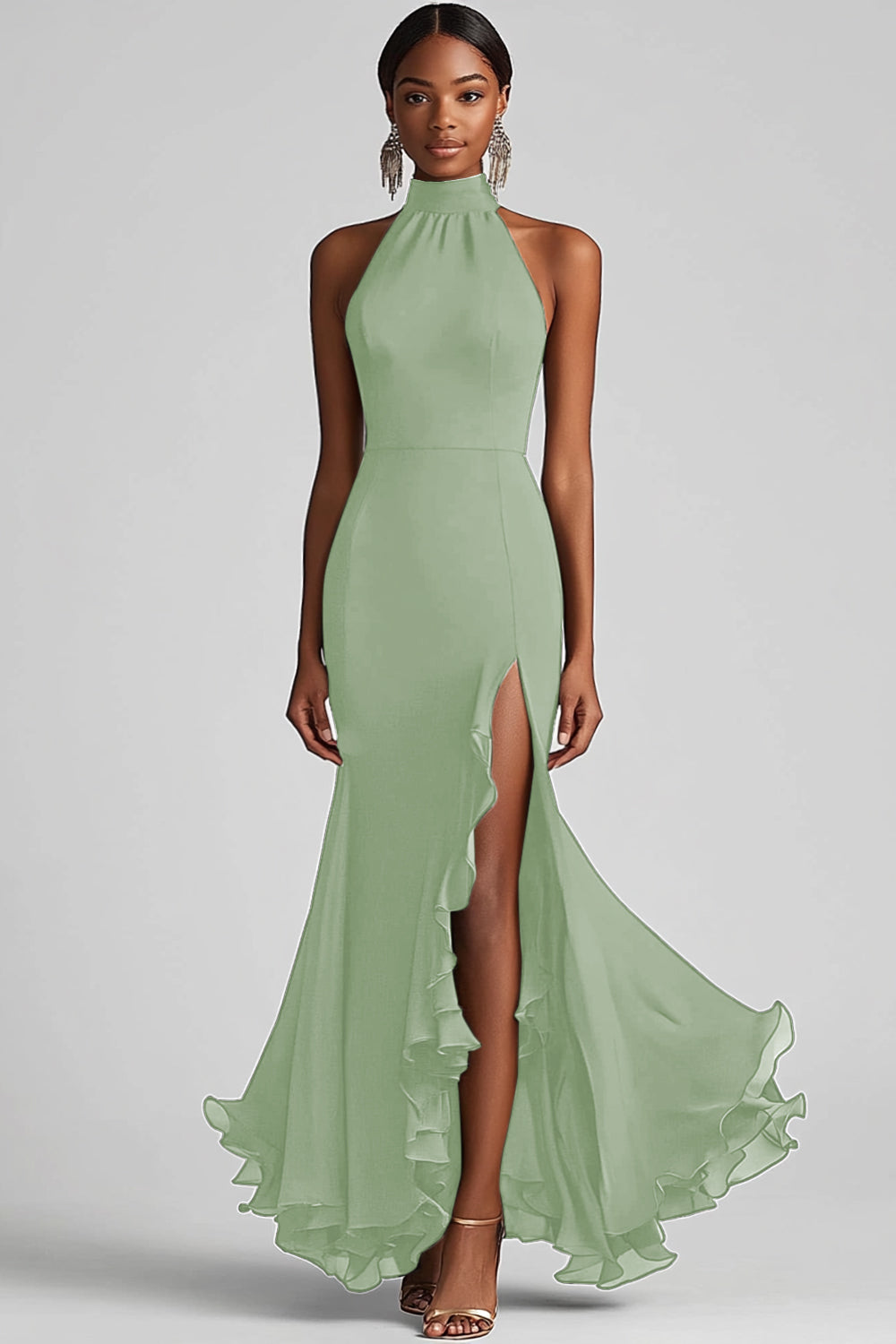 Halter Neck Black Ruffled Mermaid Long Formal Dress with Slit