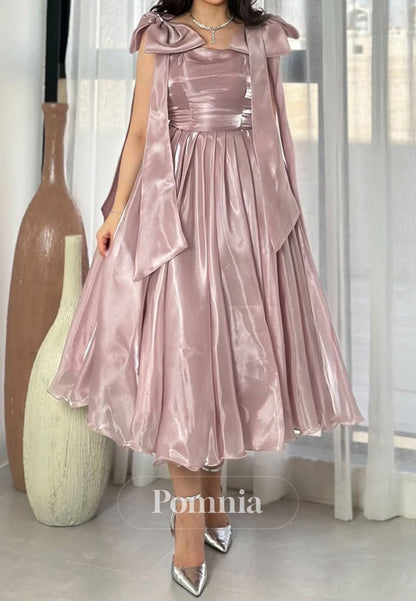 Dusty Rose Spaghetti Straps Suare Bowknot Prom Dress