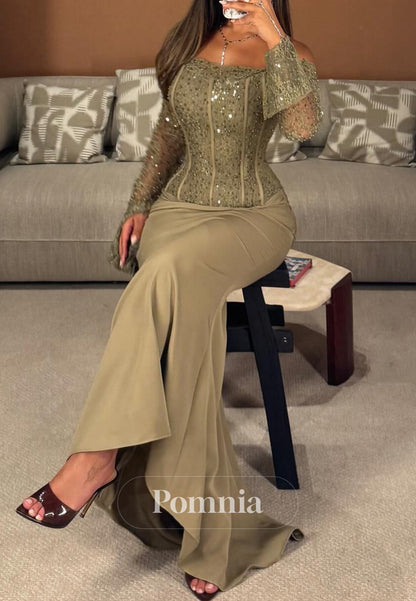 Dusty Sage Long Sleeves Off-Shoulder Ruched Evening Dress