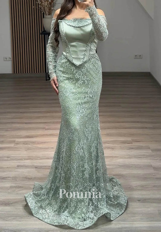 Dusty Sage Long Sleeves Sweetheart Mermaid Ruched Evening Dress