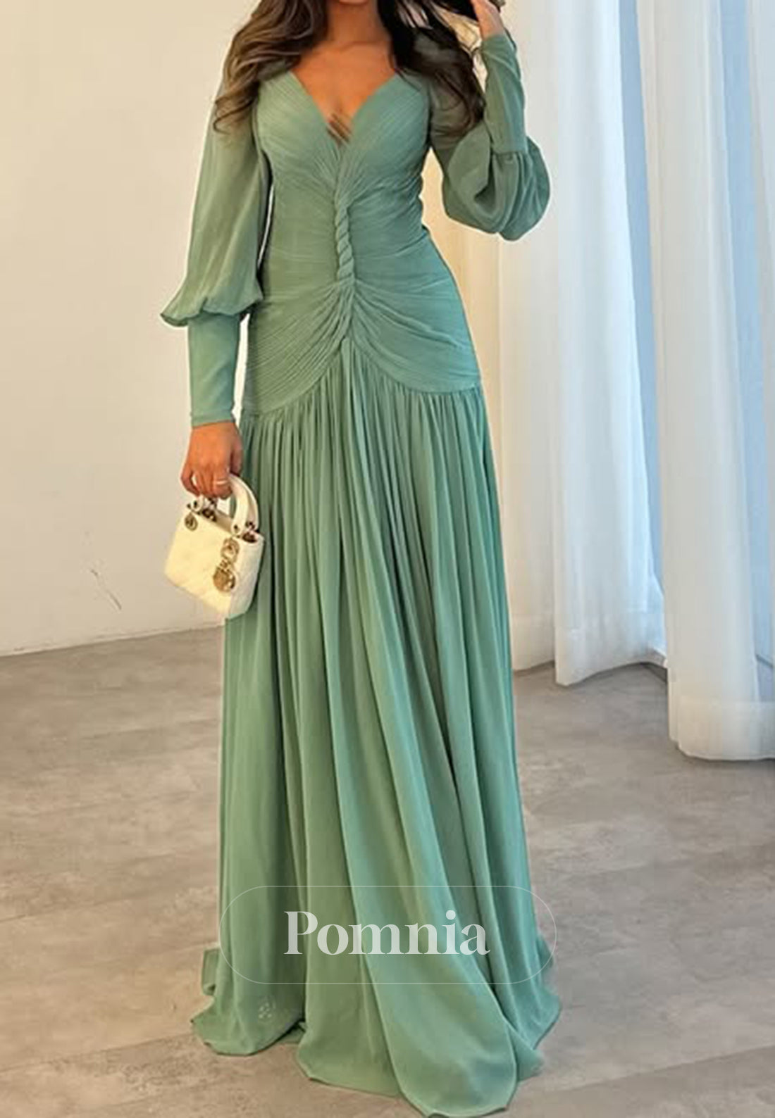 Dusty Sage Long Sleeves V-Neck Ruched Evening Dress