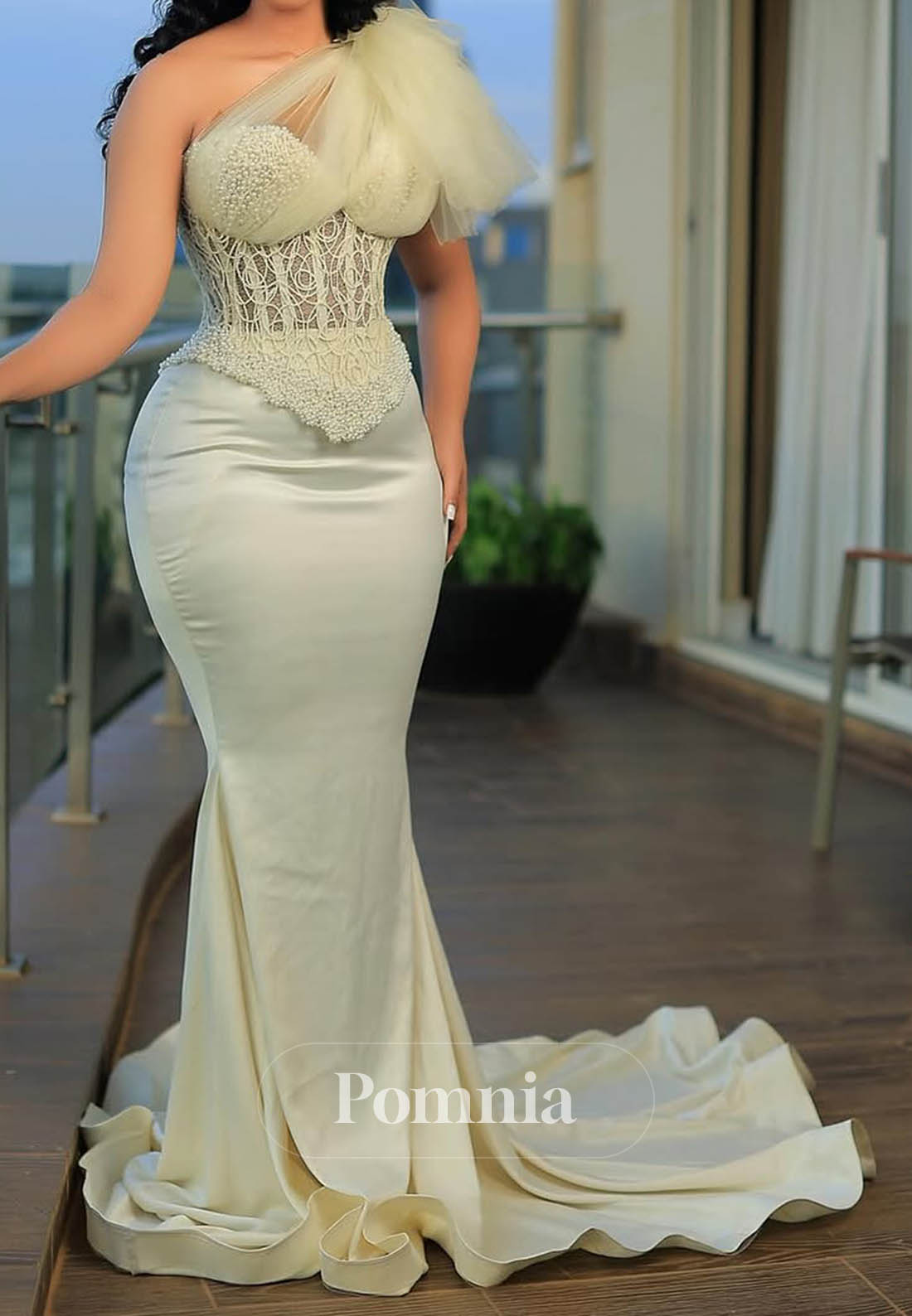 Dusty Sage One Shoulder Coset Tulle Mermaid Prom Dress