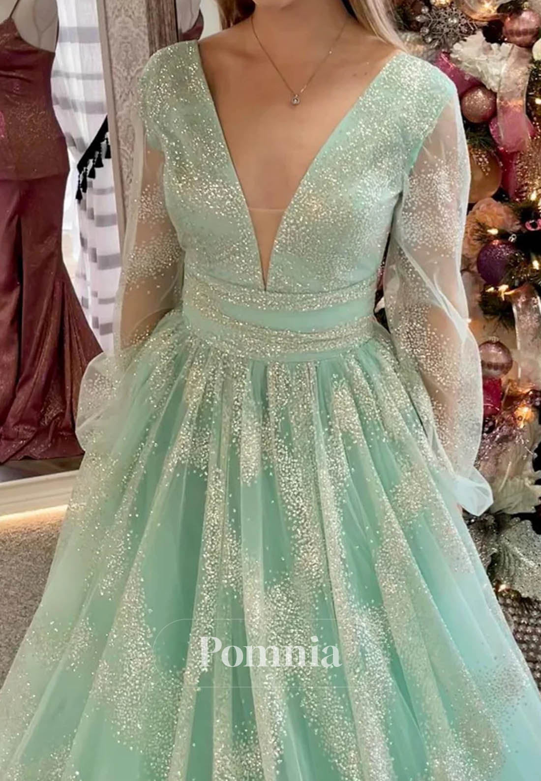 Dusty Sage Plunging V Neck Illusion Sleeves Beaded Long Prom Dress