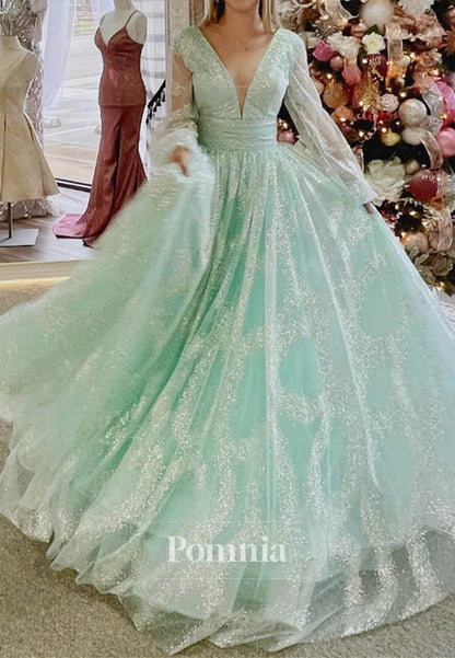 Dusty Sage Plunging V Neck Illusion Sleeves Beaded Long Prom Dress