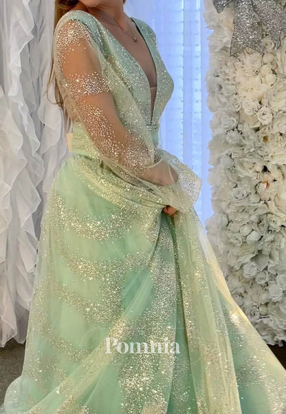 Dusty Sage Plunging V Neck Illusion Sleeves Beaded Long Prom Dress