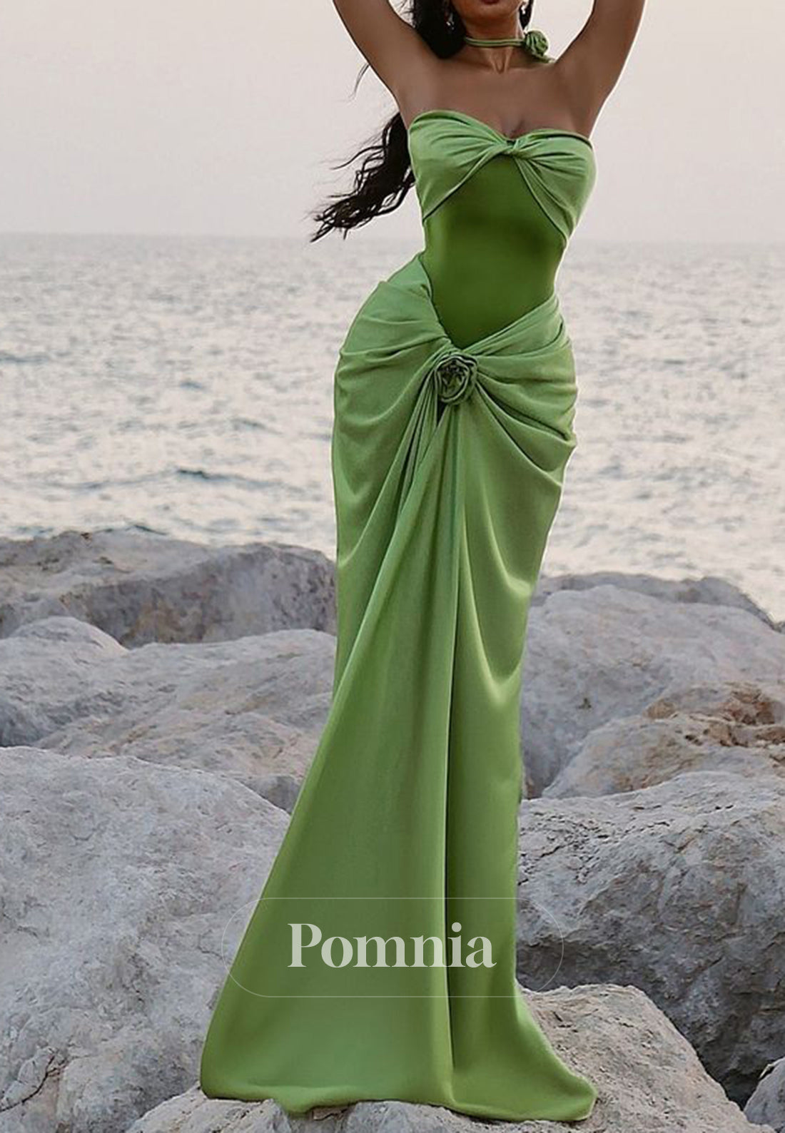 Dusty Sage Sheath Strapless Sleeveless Ruched Prom Dress