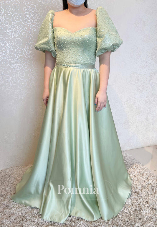 Dusty Sage Short Sleeves Square A-Line Prom Dress